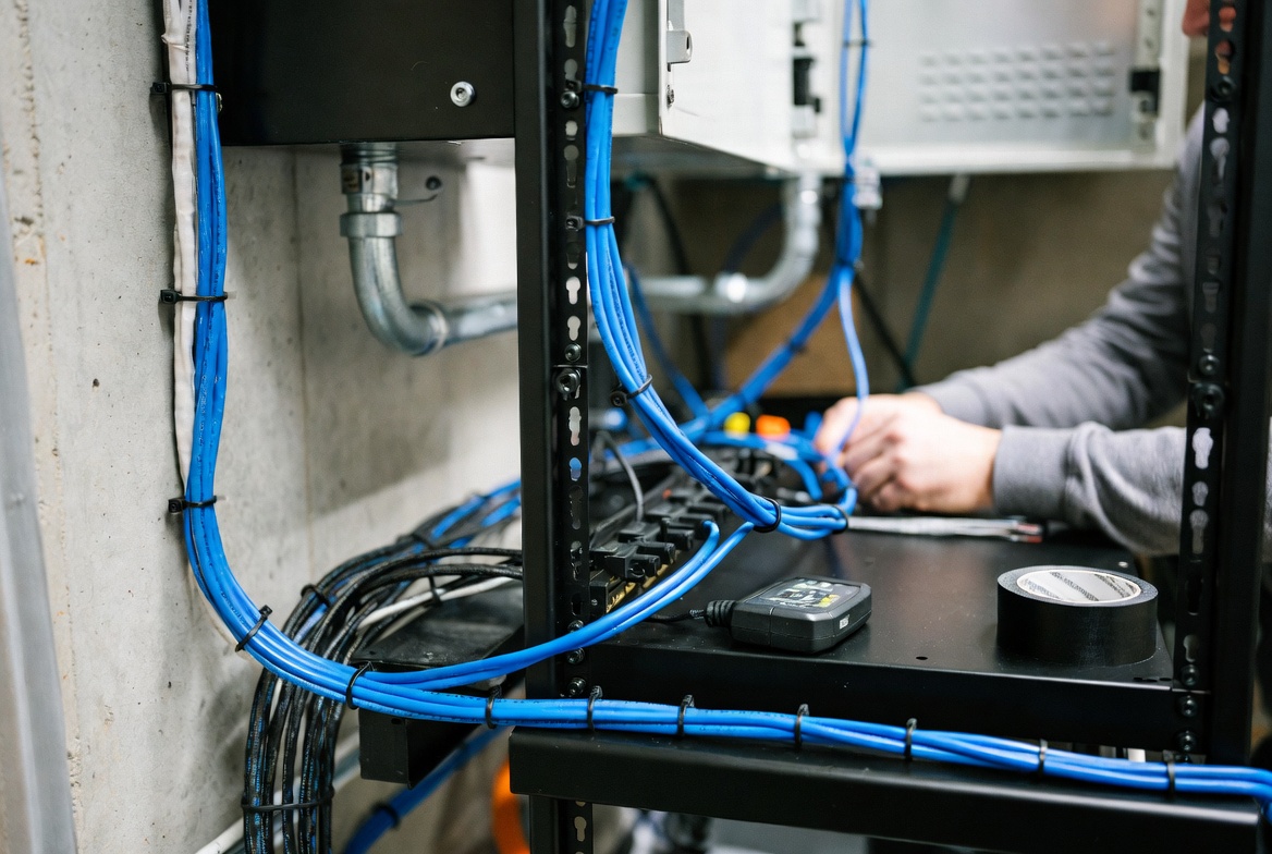 Technician commissioning structured cabling on-site